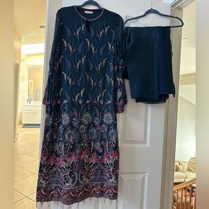 Elegant Floral Embroidered Dress - Navy and Pink